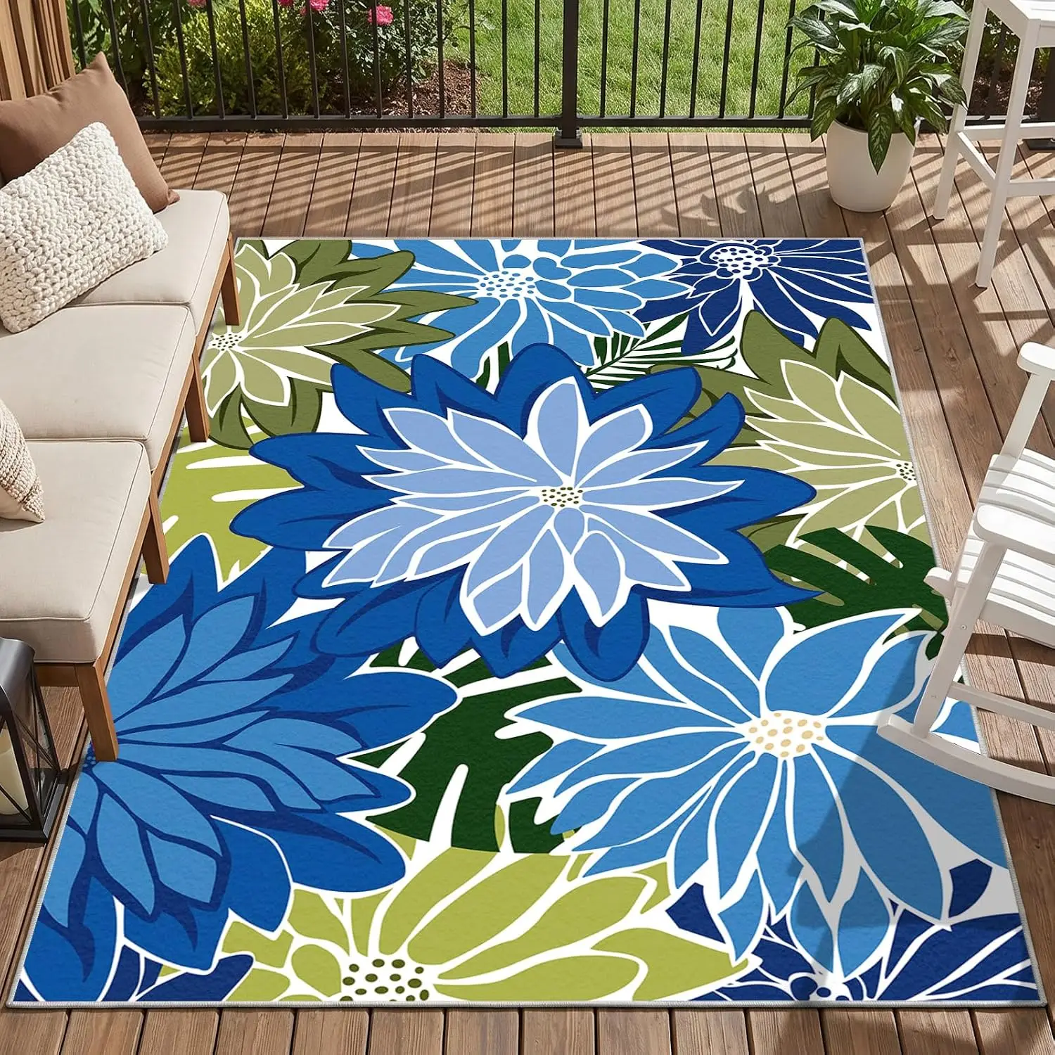 1pc 2D Flat Blue Green Tropical Floral Printed Floor Mat, Decorative Rug for Living Room, Bedroom, Office, Home Decor