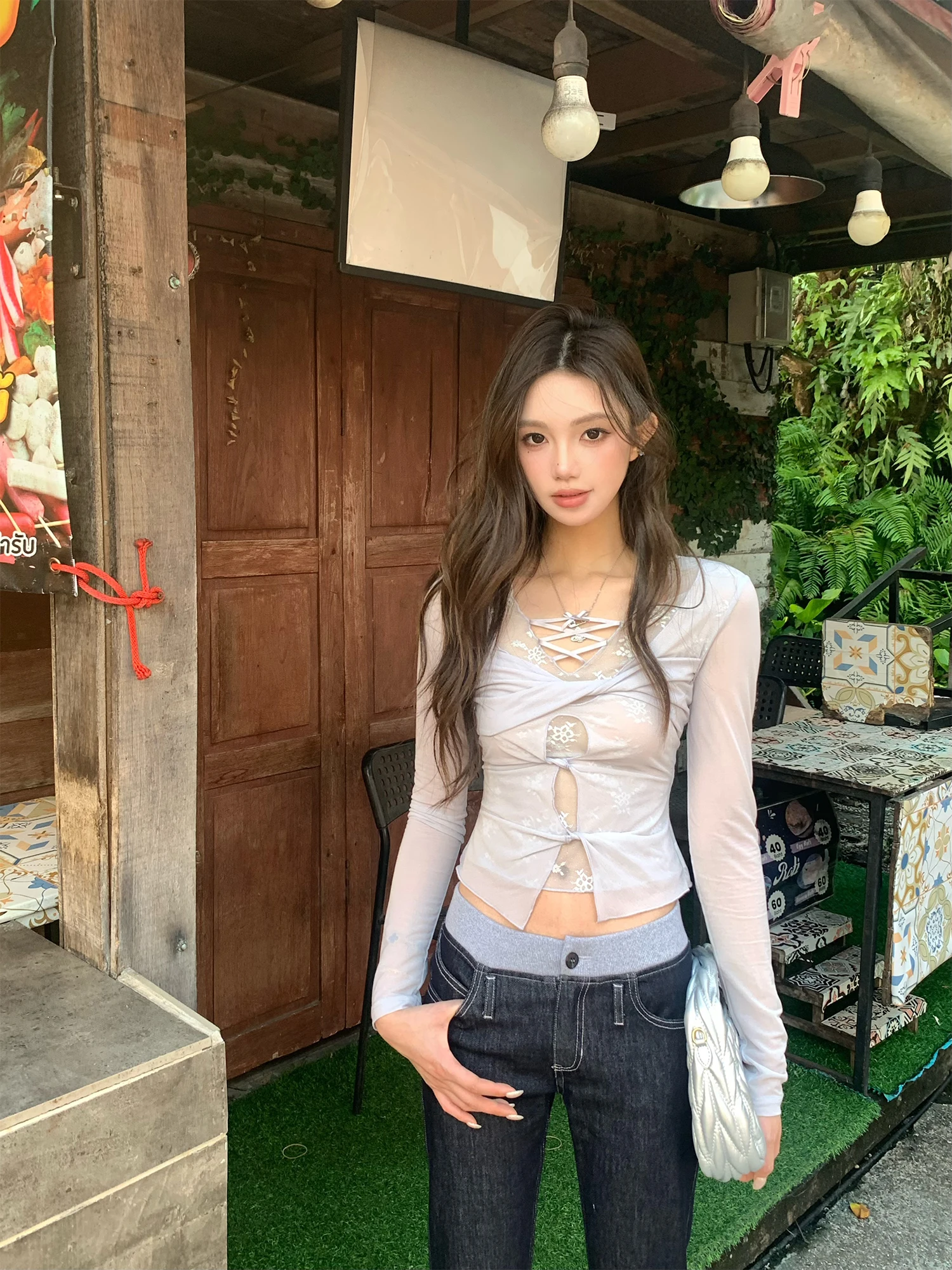 

Женская футболка с длинным рукавом в стиле Spicy Girl, прозрачная, с узлом, весна-лето, новинка, ретро, укороченная, с буквенным принтом