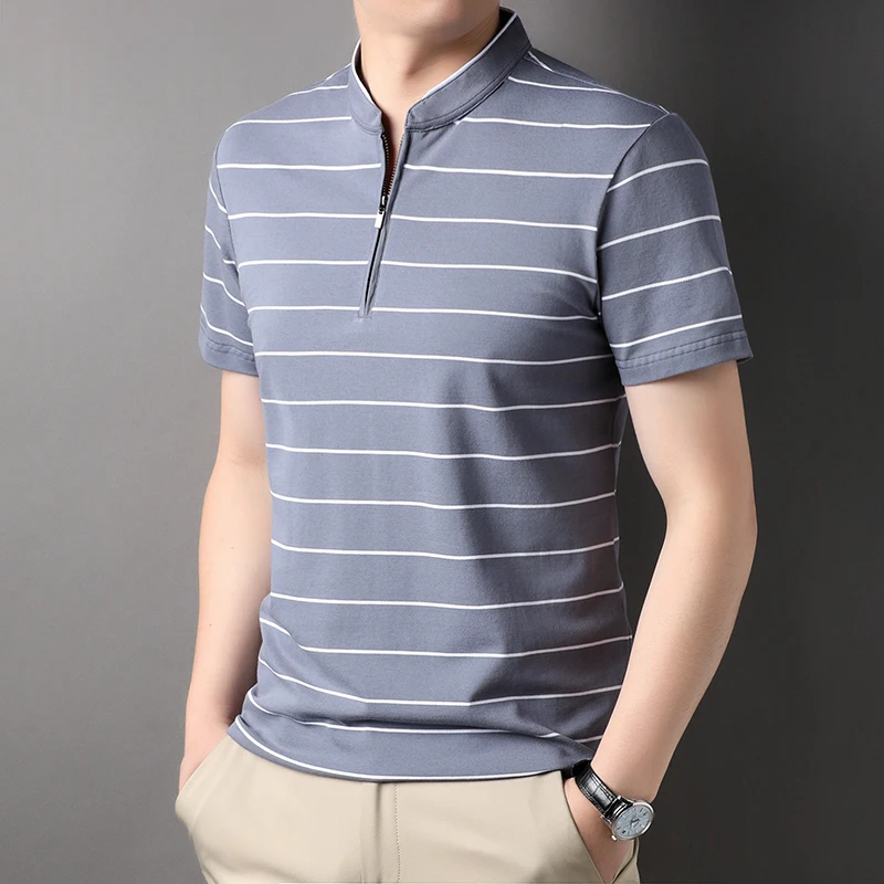 

Top Grade Yarn-dyed Process Cotton Zipper Crew Neck Summer Polo Shirt Striped Short Sleeve Casual Tops Fashions Clothes Men