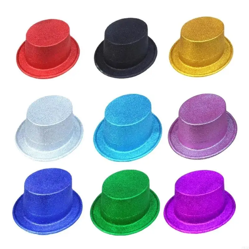 

F92D Glittering Powder Cowboy Fedora Hat Sparkling Plastic Flat Top Hat Panama Hat Costume Accessorie