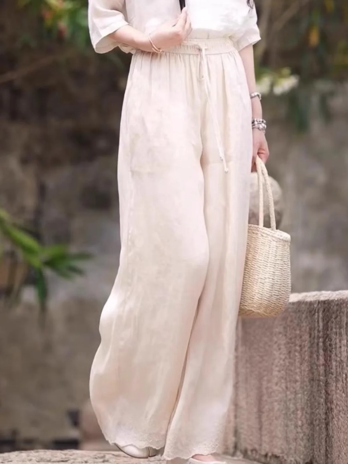 

Casual Wide Leg Pants Women's plus Size Slimming Linen Dstring High Waist Long Trousers Artistic Leisure Summer New Arrival