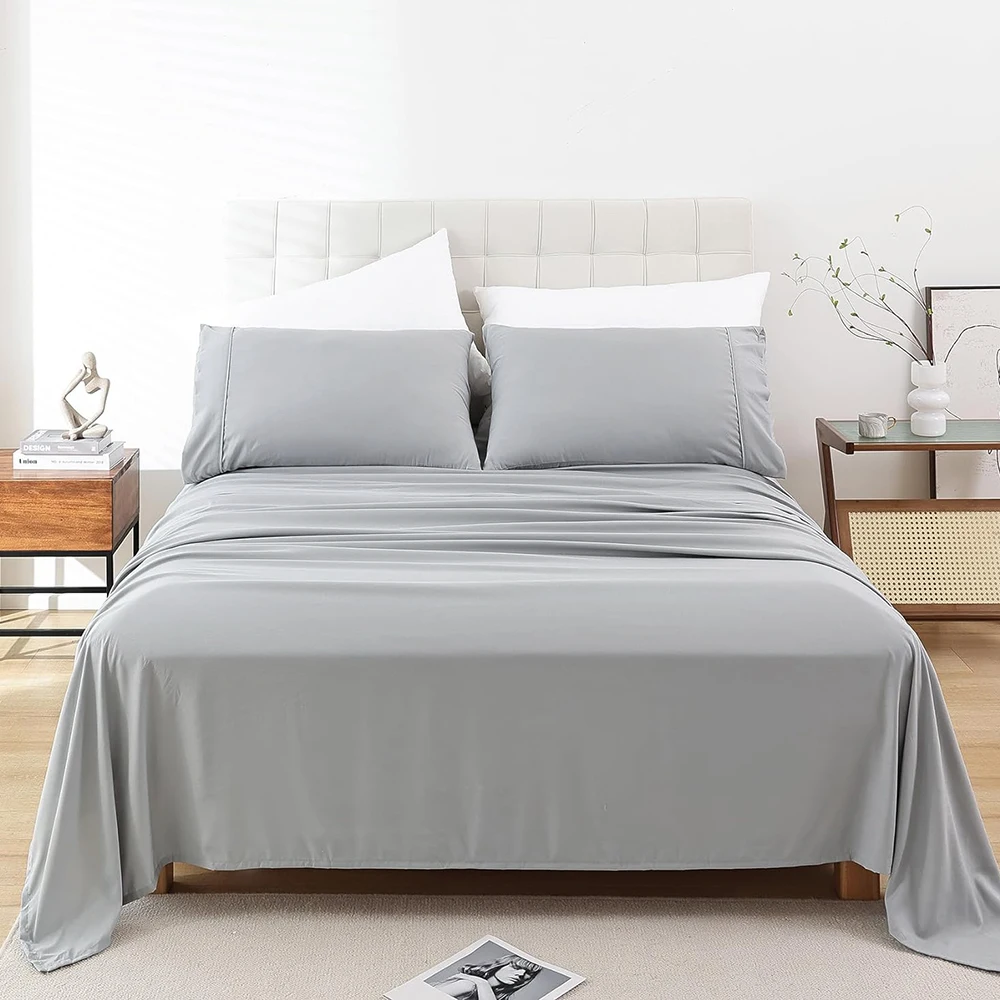 Double Bed Sheet Set 4 Piece Bedding Set with Pillowscases Breathable Microfiber Flat Fitted Sheet For Twin Full Queen King Bed