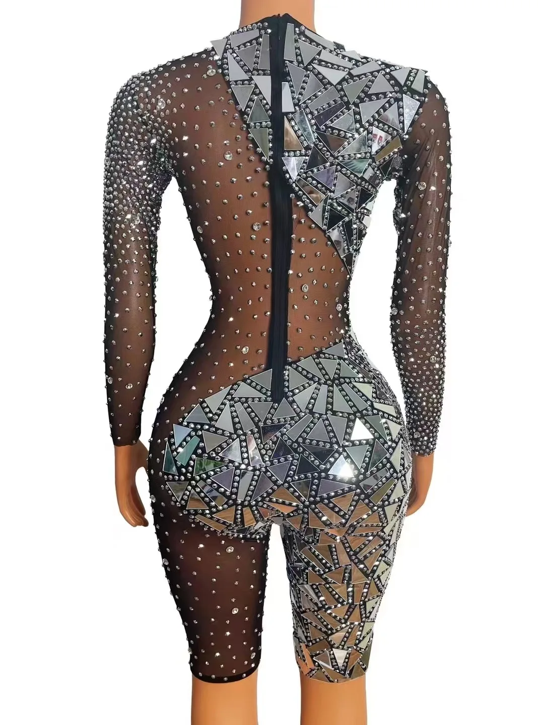 Women Sexy Black Mesh Transparent Stretch Jumpsuit Shorts NightclubDJFemale Singer Shining Sequin Party Performance Costume