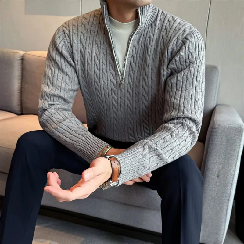 

Утепленный шерстяной мужской вязаный свитер с воротником-стойкой на молнии до середины груди, зимний, теплый, для улицы и дома, комфортный, эластичный, однотонный