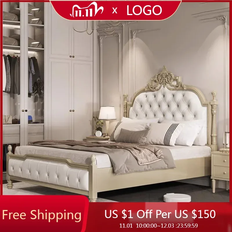 Royal European Bed Double Modern Whitr Wood Bed Girl Headboard Double Wood Sleeping Letti Matrimoniali Bedroom Furniture