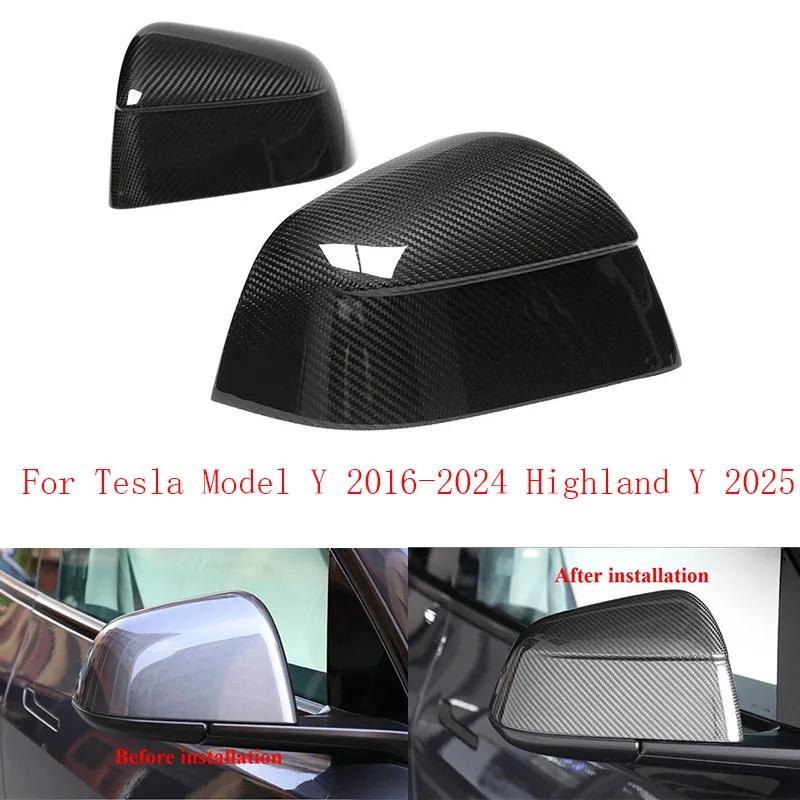 

1 Pair Real Dry Carbon Fiber Door Side Wing Rearview Mirror Cover Caps For Tesla Model Y 2016-2024 Highland Y 2025