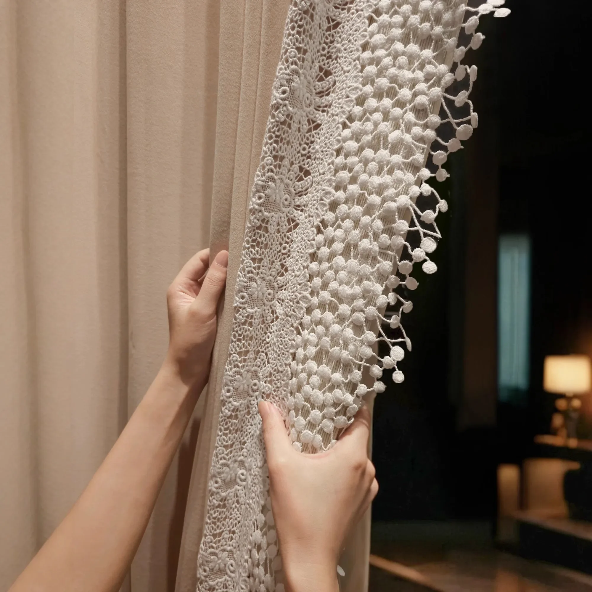 French Lace Splicing Milk Tea Velvet Curtains for Living Room Bedroom Balcony Customized French Window Villa Home Products