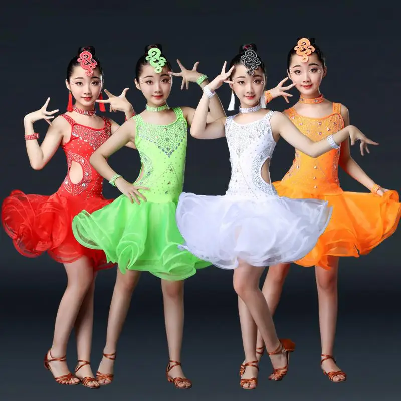 The New Children Bright Diamond Latin Dance Costumes Girls Ballroom Children's Performance Clothing Performances Sequined Dress