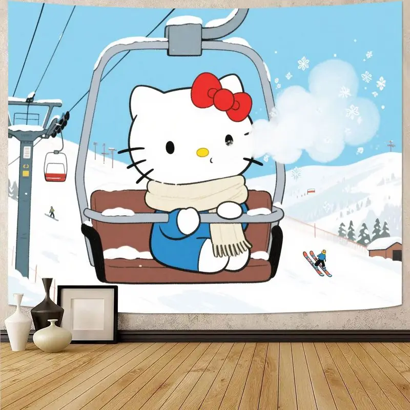 

1 шт. Sanrio Hello Kitty Ski Lift Tapestry, Kawaii Winter Snowy Mountain Wall Art, милый мультяшный декор для комнаты, подарок для девочек и фанатов