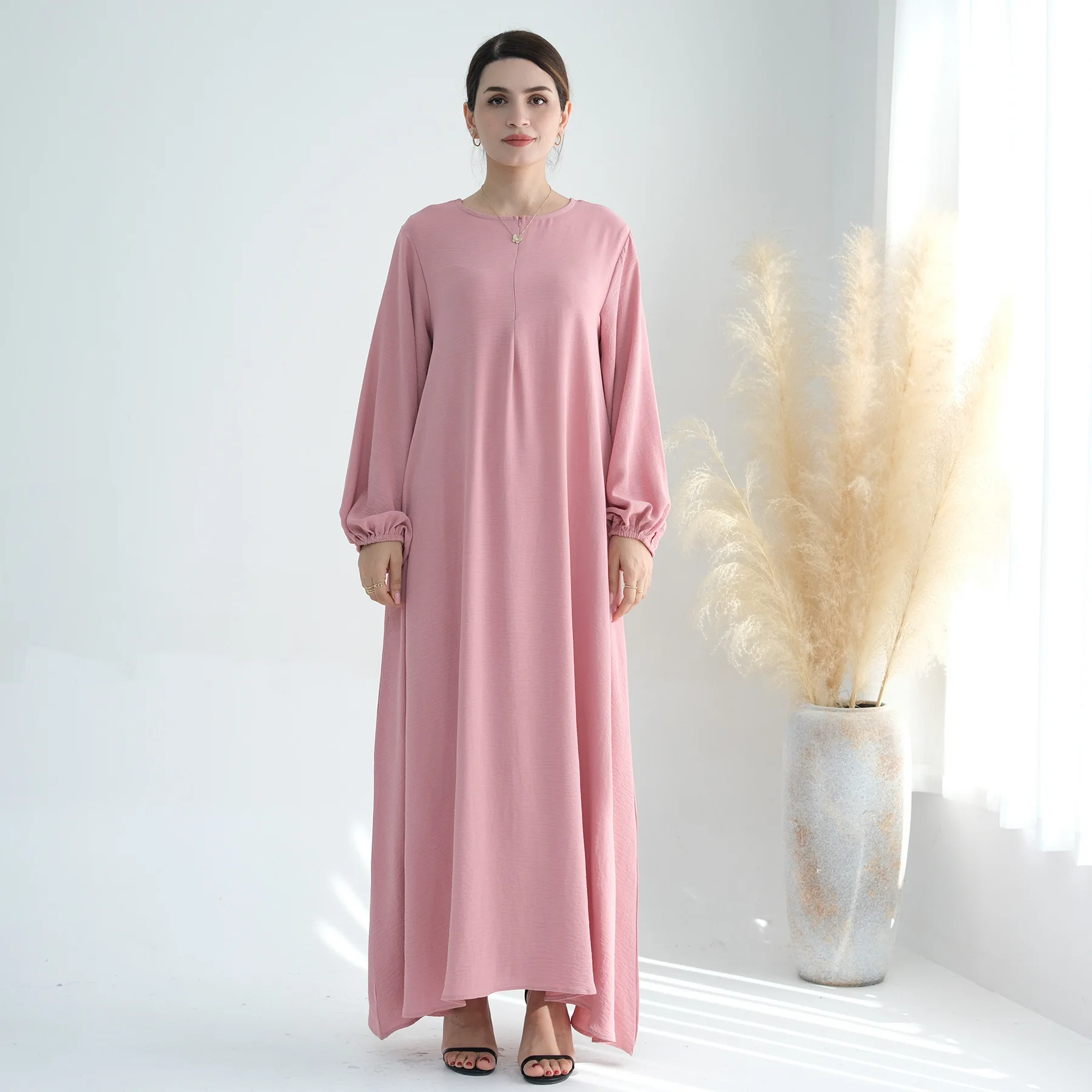

Ramadan Plain Under Abaya Dress Zipper Front Elastic Wrists Crepe Muslim Dresses for Women Dubai Islamic Clothing Kaftan Robe