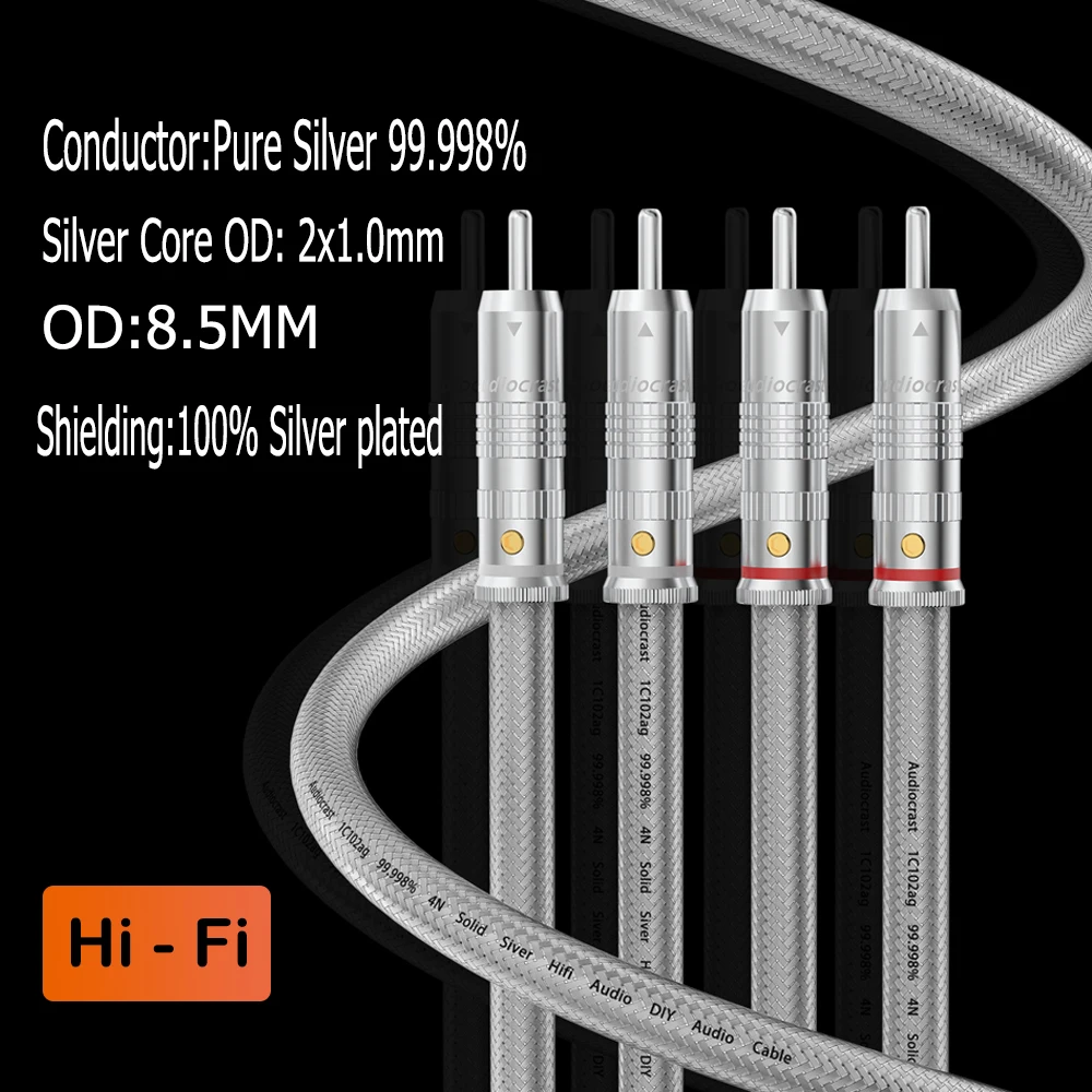 

New Audiocrast 99.998% Pure Silver RCA Cable HiFi Audio Interconnect Solid PSS Pure Silver Core Wire Silver-Plated Plug Silver