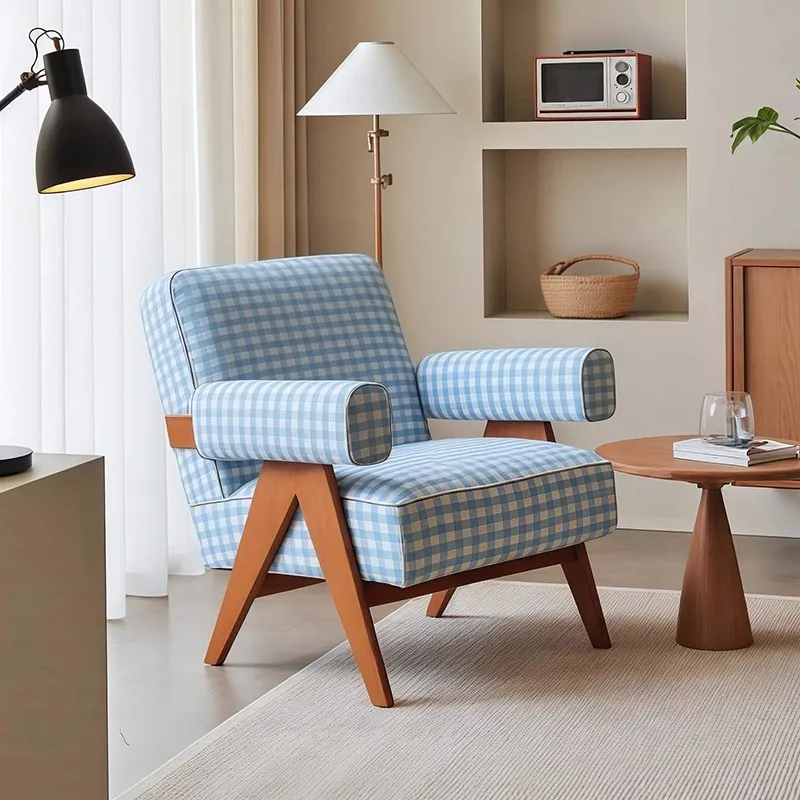 Antique Chandigarh Retro Designer PU Chair Blue Plaid Lazy Leisure Sofa For Small Apartment Living Room Home Furniture
