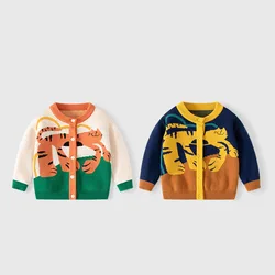 Children Boys Sweaters Spring Autumn Knitted Patched Polychromatic Baby Boys Sweater Cartoon Tiger Jacquard Little Boys Coat