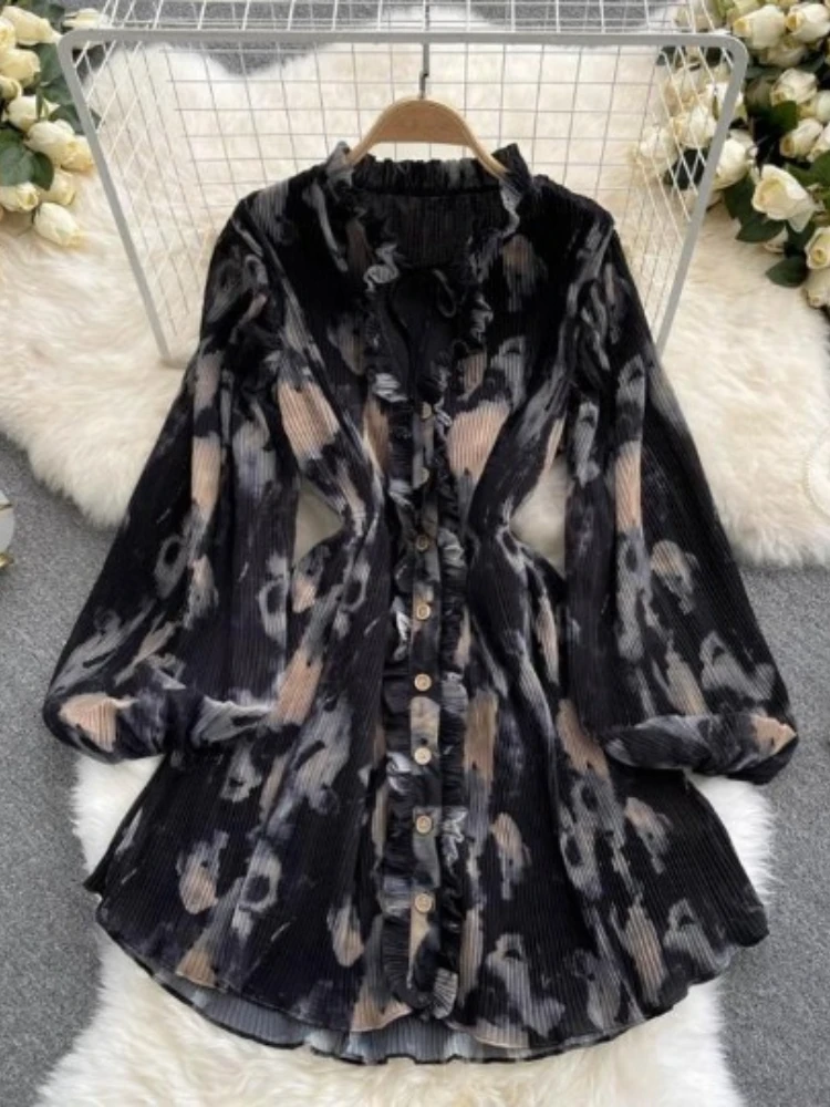 Beach Summer Vintage Printed Dress for Women New Bubble Sleeves Slim Wooden Ear Lace Up A Line Boho Short Dress