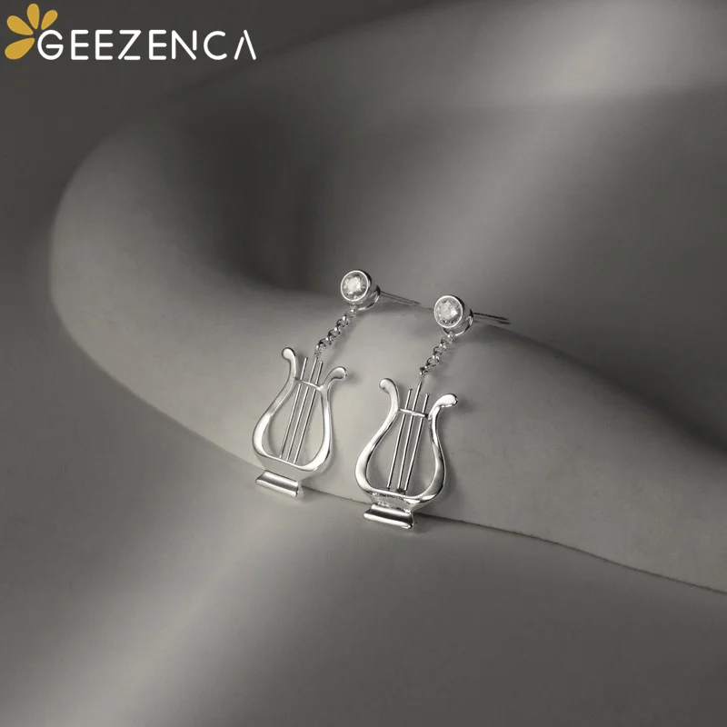 GEEZENCA 925 Sterling Silver Lyre Drop Earrings With Zircon Original Design Unique Aesthetic Instrument Dangle Earring