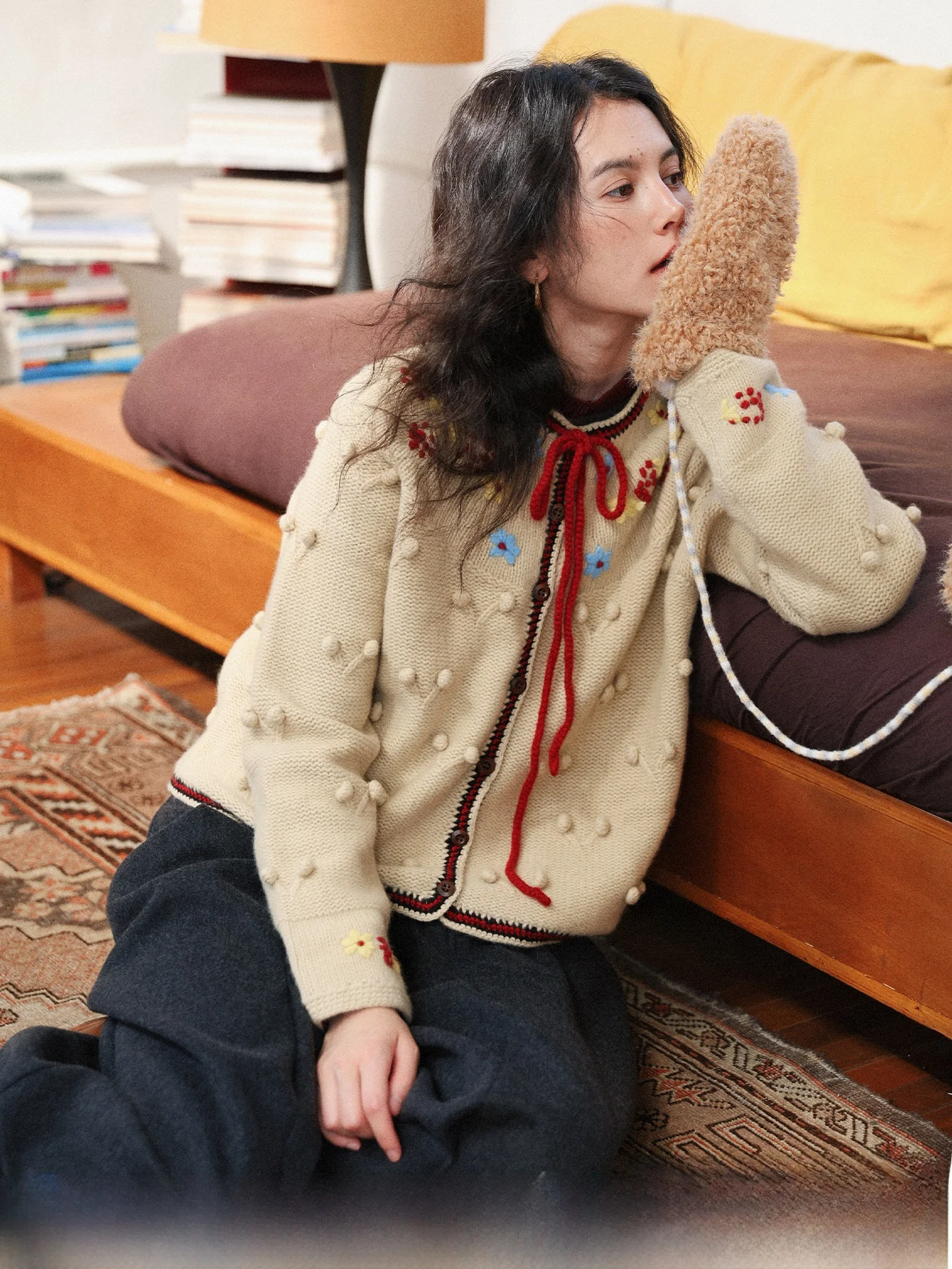 

Hand Embroidered Woolen Open Cardigan Sweater Floral Pattern 3D Knitted Ball Ball Fem Faion French Sle Winter Long Sve