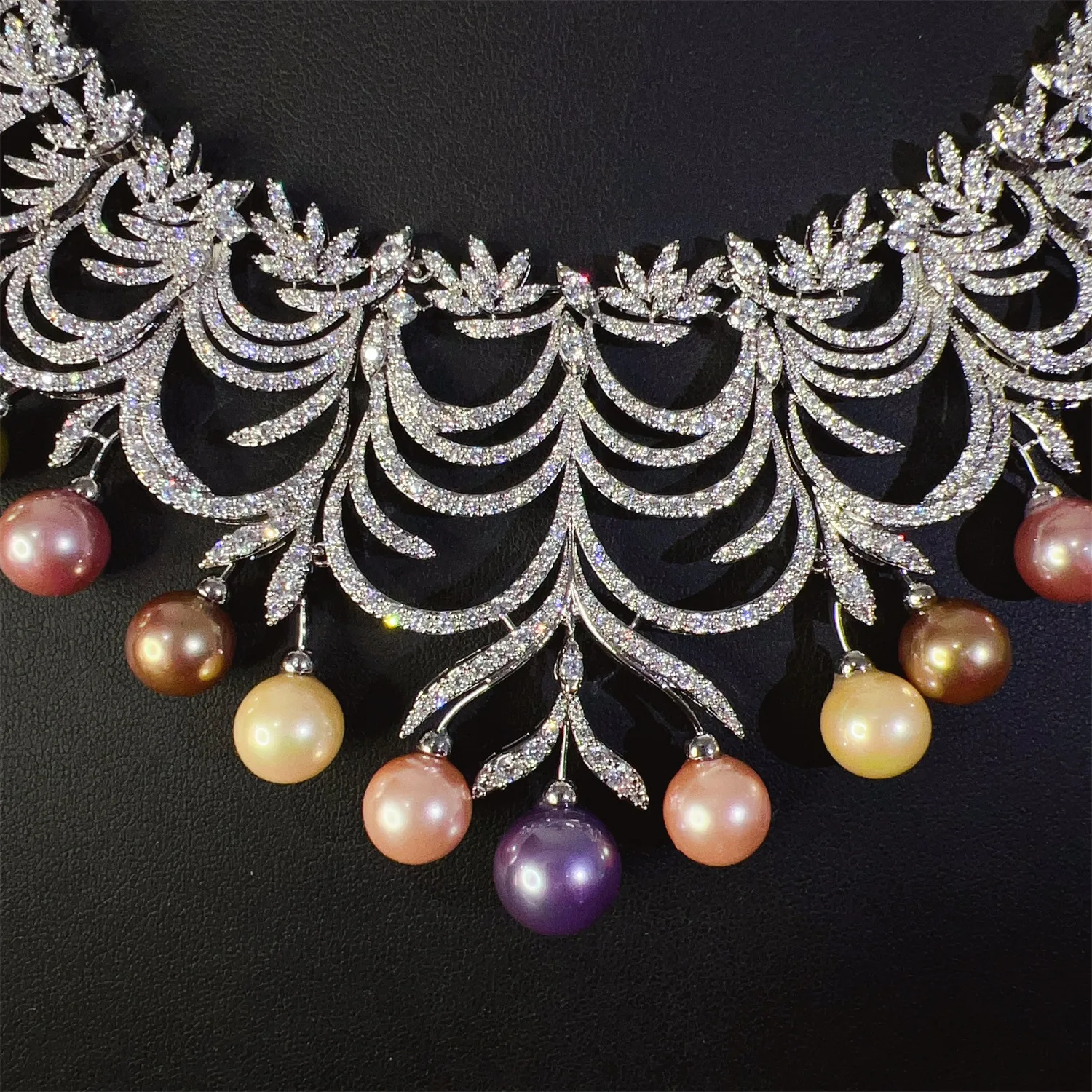 gorgeous jewelry sets zirconia pearls large necklace earrings leaf feather pendant wedding bride jewelry women gown accessories