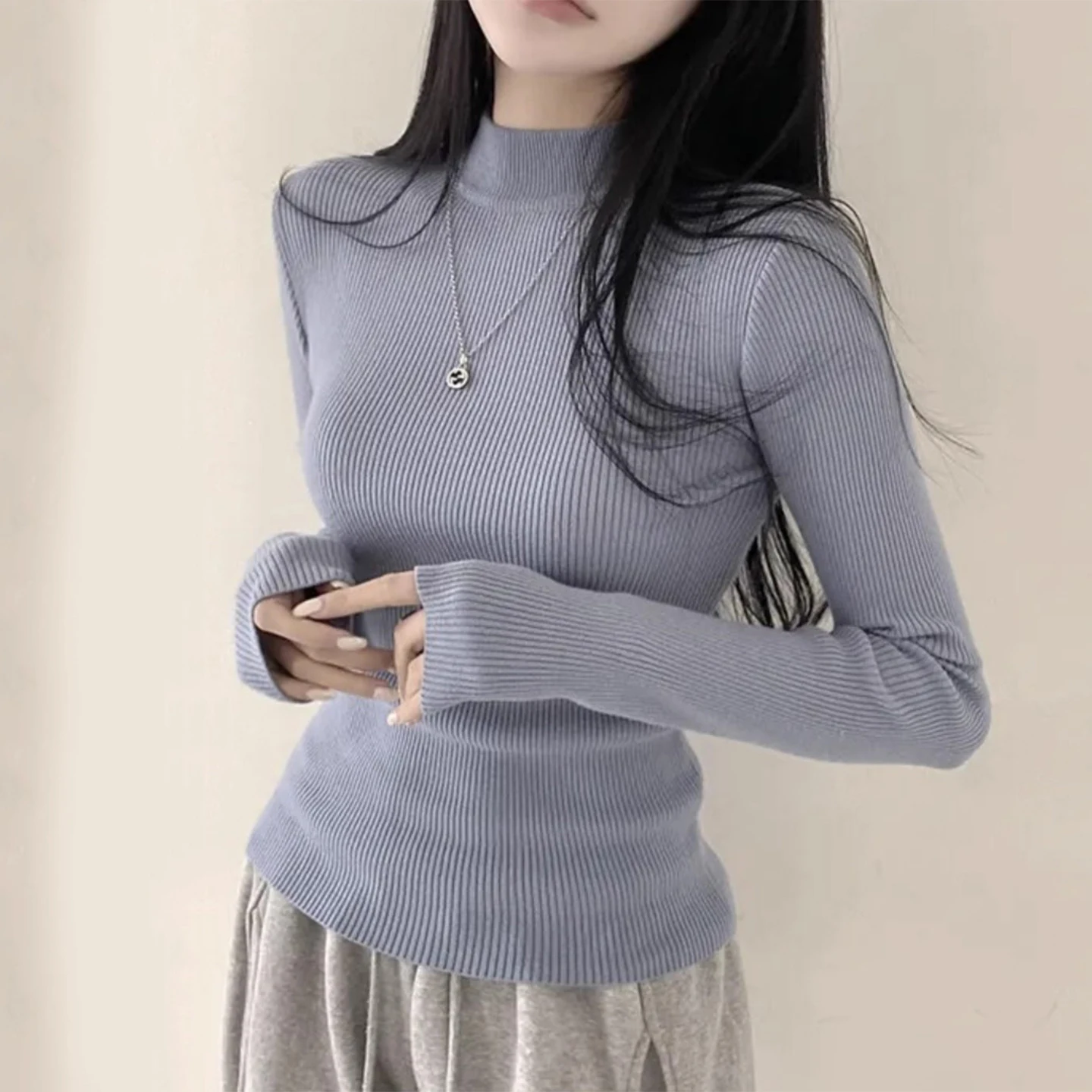 

Women's ort Svel Knitted Sweater High Ne Pullover Tight Fit Long Sve Base Layer Top for Autumn And Winter