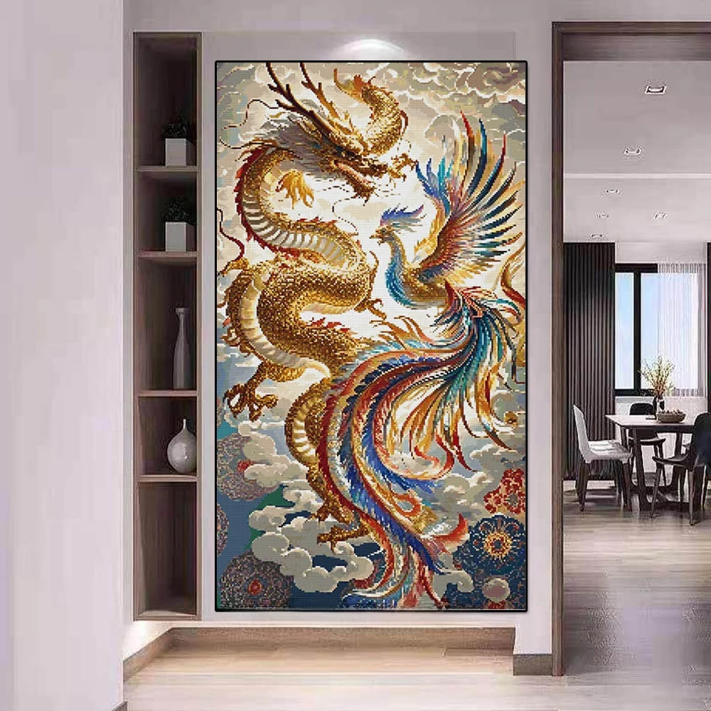 

Prosperous Dragon And Phoenix Cross Stitch Wall Art Vertical Version for lways Living Rooms Modern Simple Sle Diamond Em...