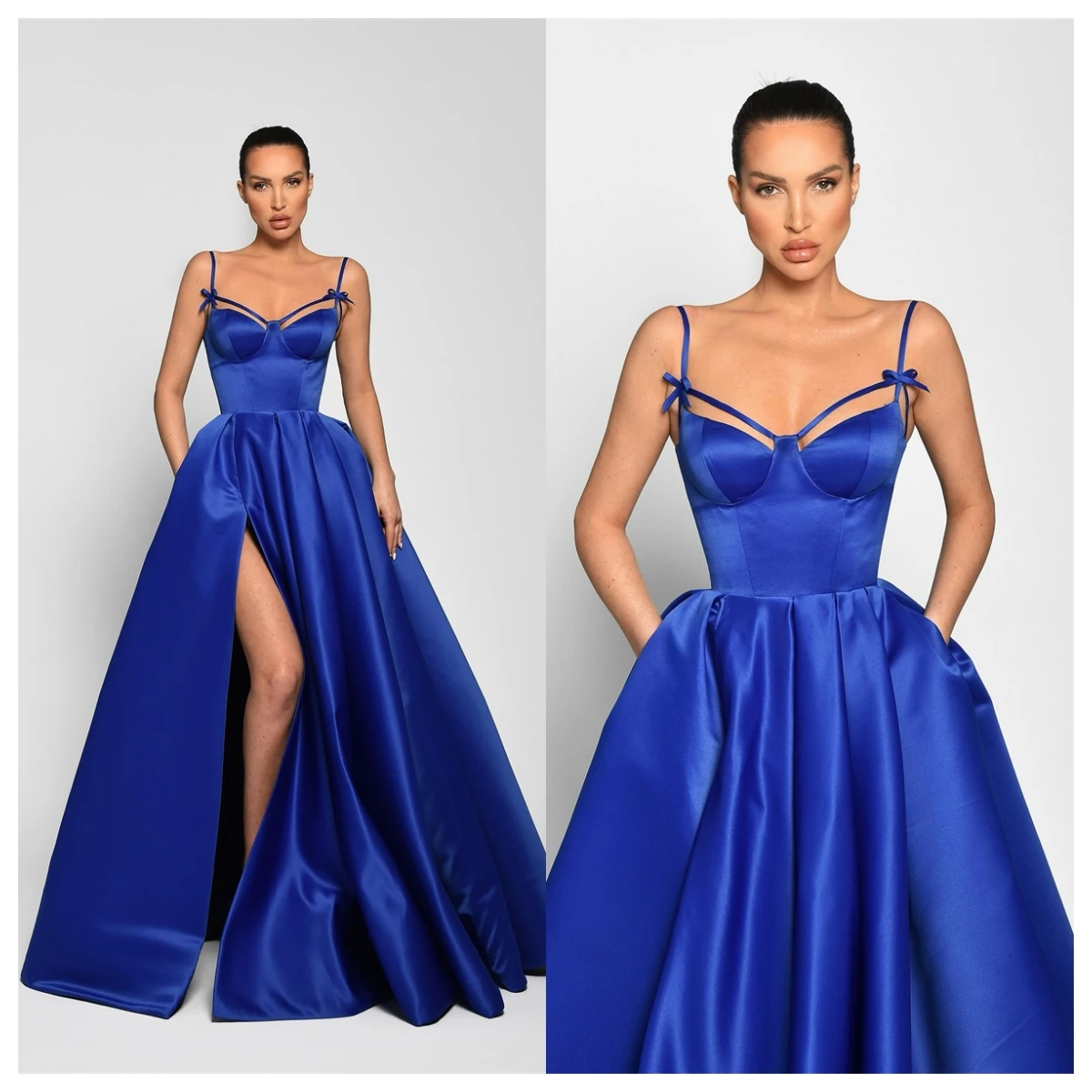 Customized Customized Delicate Navy Blue Satin Evening Dress Square Collar Spaghetti Straps Sleeveless Homecoming Dress Bow Part