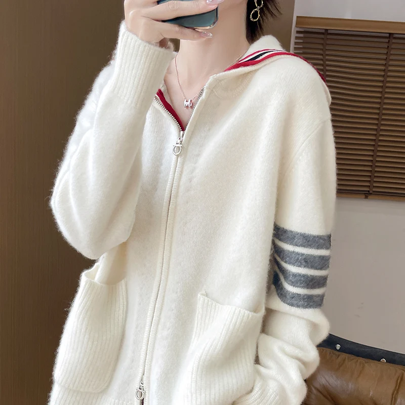 

New Autumn Winter Woolen Sweater Jacket For Women, Hooded Long Sleeved, 100% Pure Wool, Loose And Versatile Knitted Top, Trendy