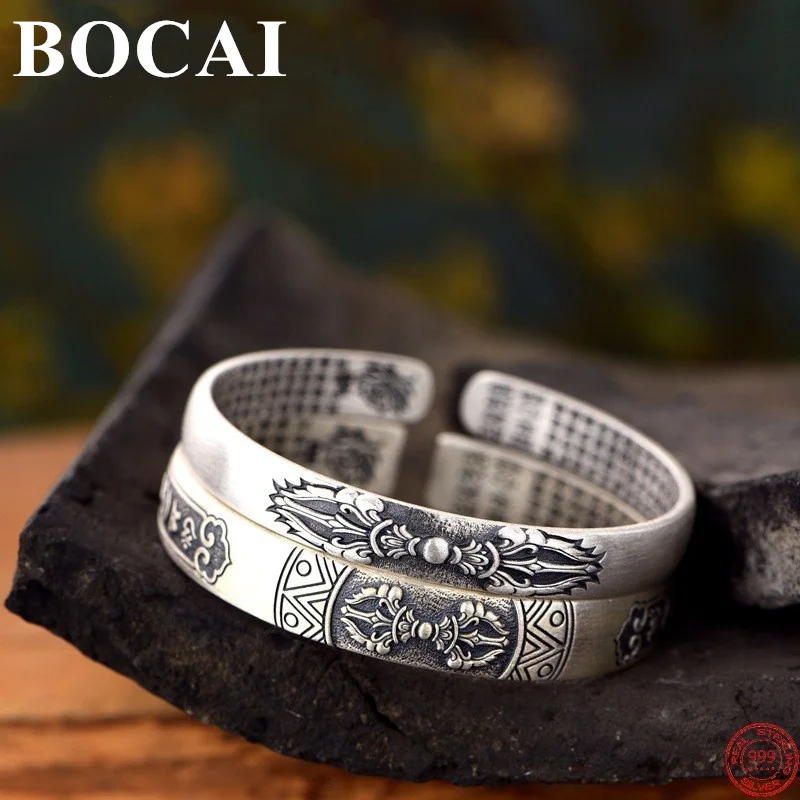 

BOCAI S999 Sterling Silver Bracelets Buddha Vajra Six Syllable Mantra Thick Bangle Argentum Viking Amulet Jewelry for Men Women