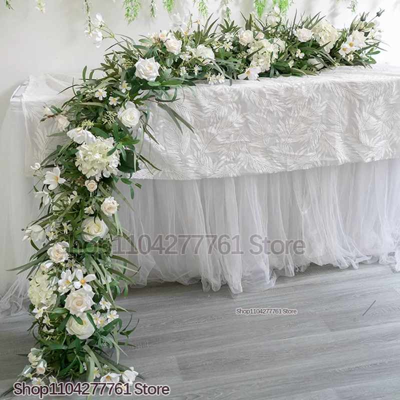 أبيض أخضر معلق زهرة صف الطابق الأزهار DIY بها بنفسك الزفاف مرحلة الديكور الزهور الاصطناعية قوس الورد الخضرة ديكور المنزل الطرف #4