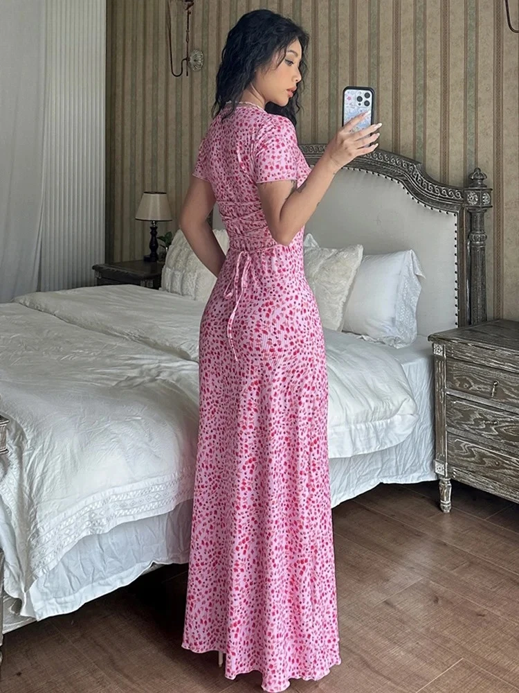 Sukienki codzienne biurowe wieczorowe na imprezę streetwear odzież damska hurtownia eleganckie kwiatowe wzory krótki rękaw sznurowane