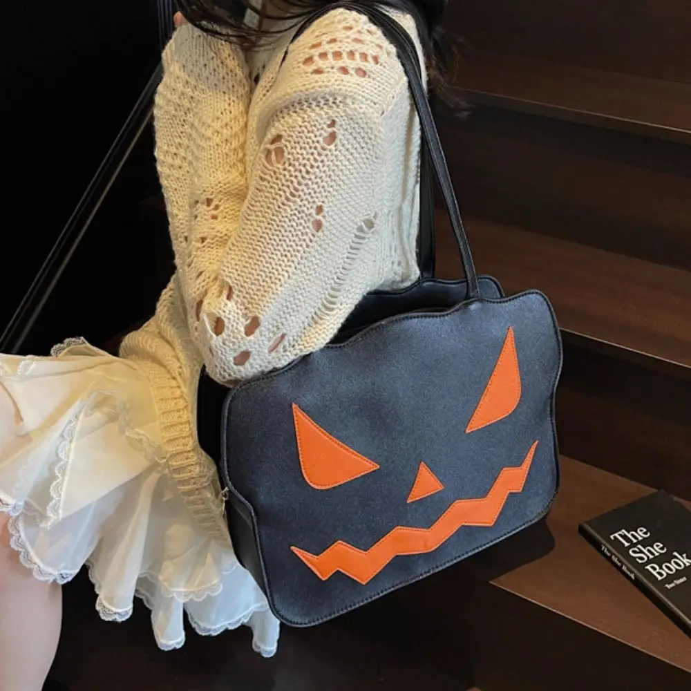 Funny Gothic Halloween Tote Bag Pu Leather Large Capacity Pumpkin Shoulder Bag Creative Quirky Demon Messenger Bag Outing