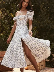 Summer Off Shoulder Ruffle Women Dress Vintage Elegant Floral Printed Dressess Square Collar Backless Puff Sleeve Long Dresses