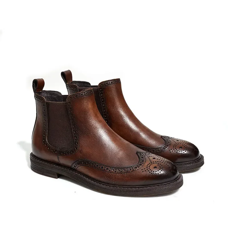 

Old Effect Color Brown Cowhide Brock Carved Men's Chelsea Boots Real Leather Ankle Boots Gentleman Elegant High Sense