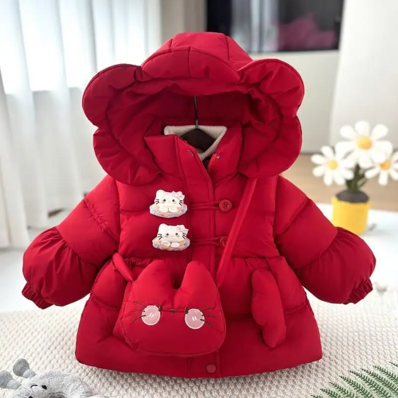 

Sanrio Hello Kitty Thiened хлопковая куртка для девочек, зимнее новое детское пуховое пальто, теплая верхняя одежда, стеганое хлопковое пальто с капюшоном