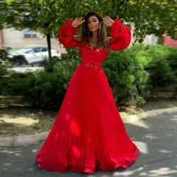 Couture Red Pleated Long Evening Dresses With Ruffles Trimmed Details Pretty See Thru Puff Sleeves A-line Formal Party Dress