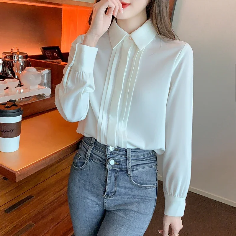 Office Lady White Women\'s Shirts Fashion Chiffon Long-sleeve Blouse Elegant Patchwork Button-up Shirt Basic Tops Women Clothing