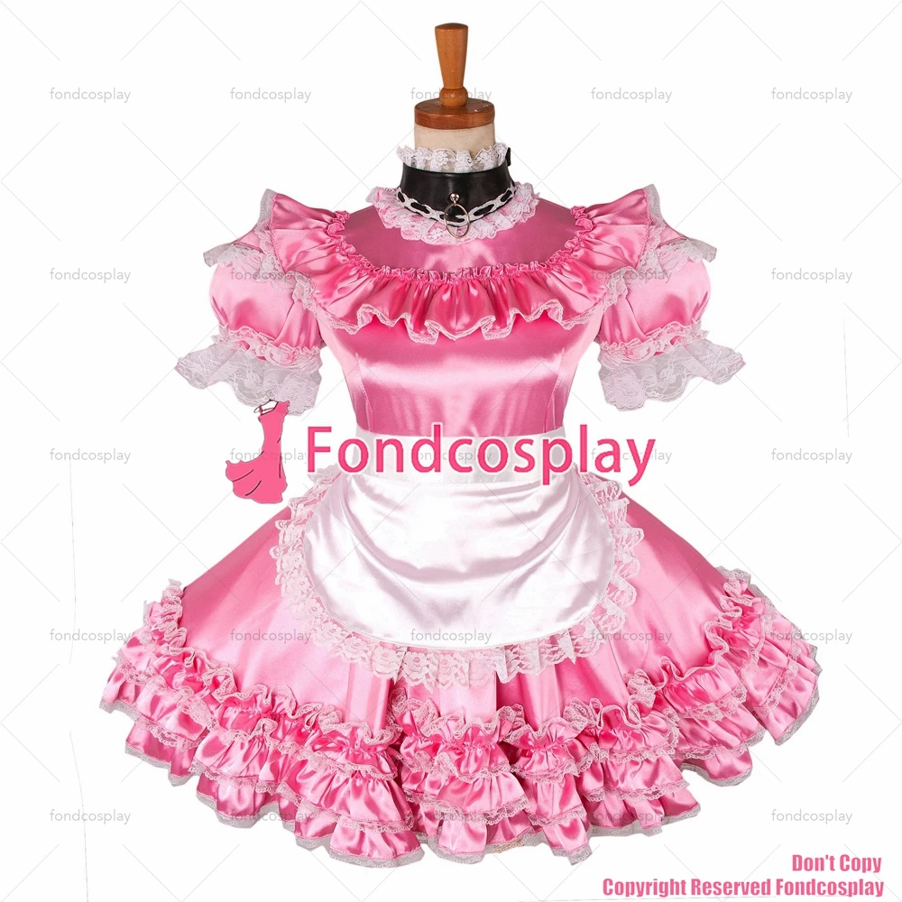 

fondcosplay adult sexy cross dressing sissy maid short pink satin dress lockable Uniform apron costume CD/TV[G1215]