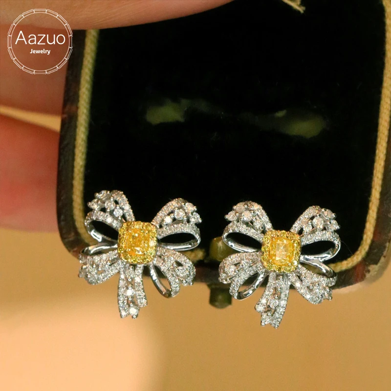 Aazuo Luxury Jewelry Real 18K Solid White Gold Real Yellow Diamonds Flower Stud Earring Gifted For Women Wedding Party  Au750