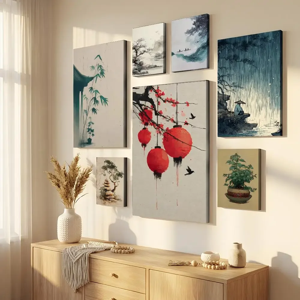 Modern Minimalist Chinese Style Zen Fishing Natural Scenery Framed Painting Canvas Wall Inner Waterproof Home Decor Living Room