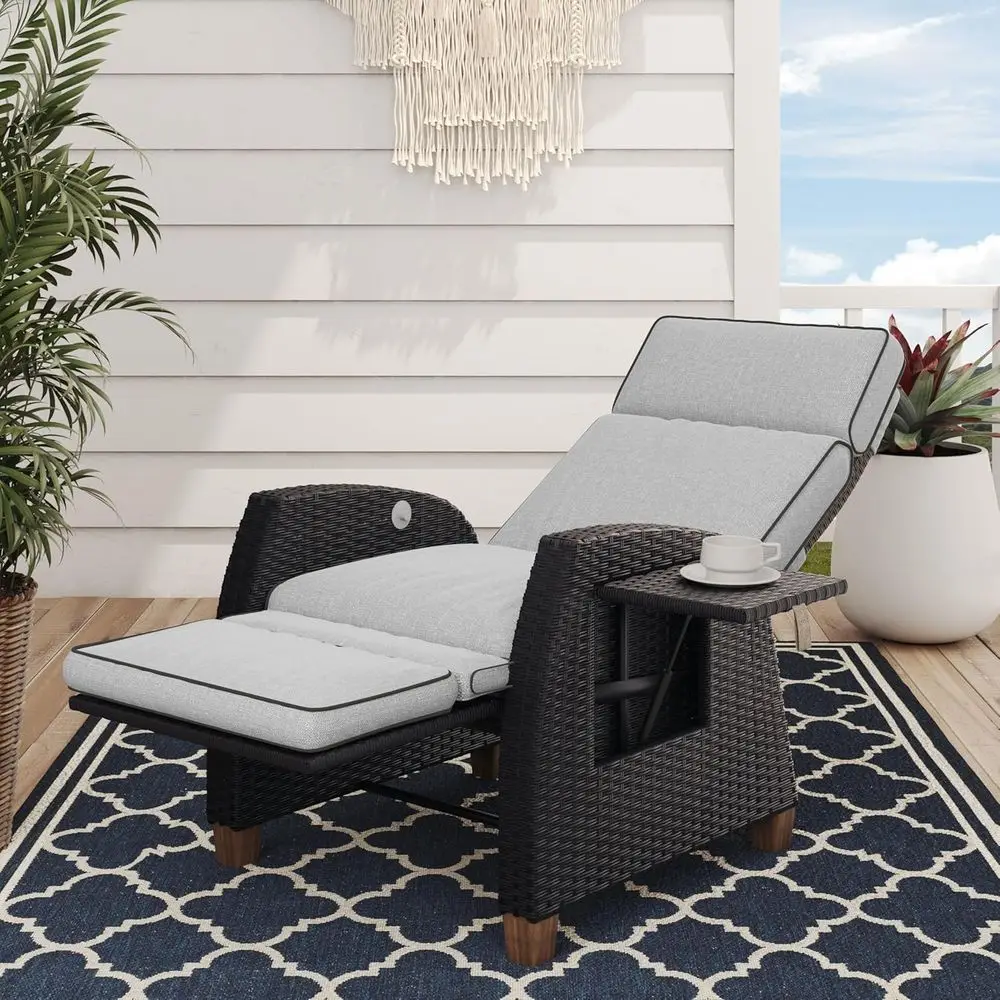 

150° Reclining Wicker Outdoor Lounge Chair with Side Table, Gray