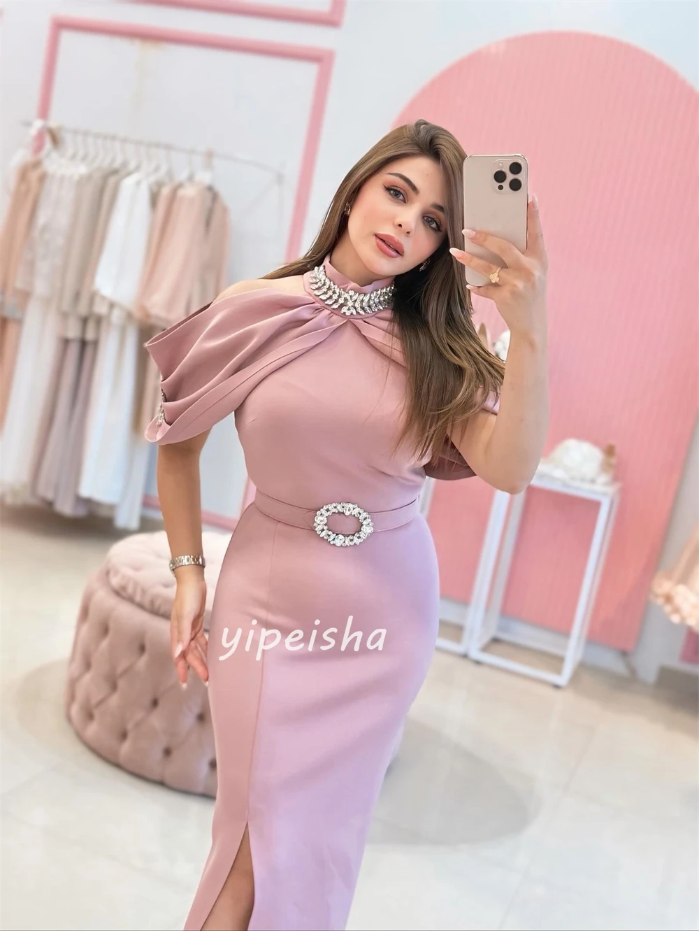 Индивидуальный современный стиль, элегантный трикотаж со стразами, плиссированная колонна, длинные платья с высоким воротником, платья на заказ, доступны размеры