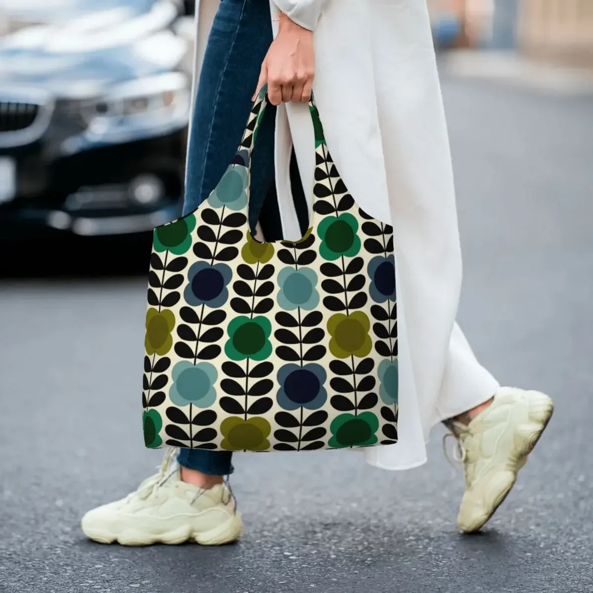 Personalizado orla kiely ponto flor haste verde mercearia sacolas de compras mulheres lona ombro shopper bolsa grande capacidade bolsas