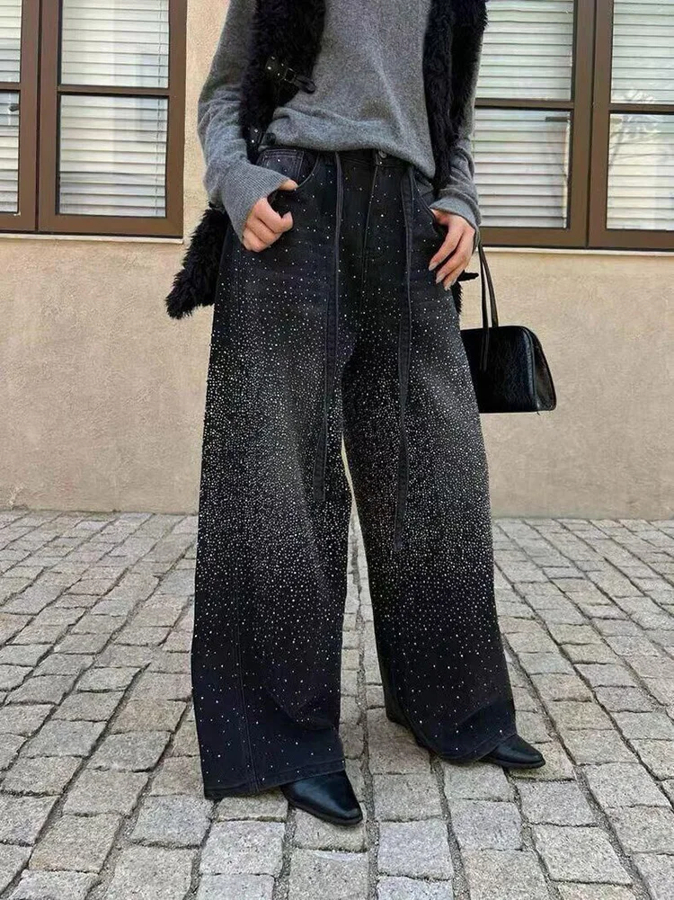 

High Waist Wide Leg Denim Jeans Women's Spring 2026 New Style Fashionable Knife Diamond Studded Loose Fit Cotton Trousers