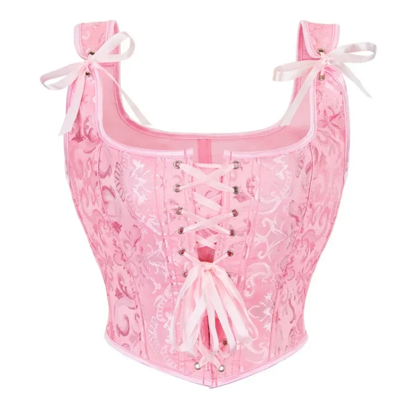 Women Vintage Jacquard Corset Crop Top Gothic Lace-Up Overbust Bustier Vest Tank Bodice Body Shaper Corselet Fashion