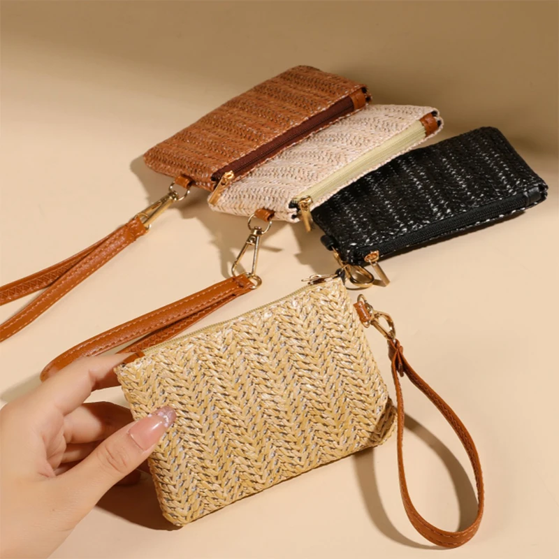 Solid Color Straw Bag Fashion Ladies Wristlet Wallet Portable Coin Purse Holder Bag Lipstick Bag