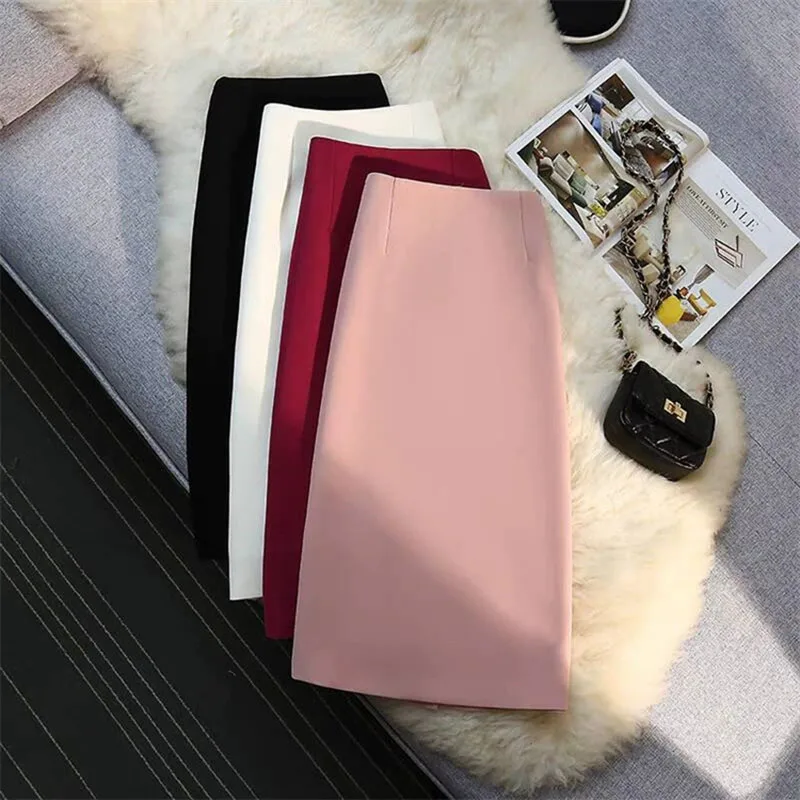 Koreanischer Chic Büro-Outfit Damen Bleistiftrock Elegant Schmal Geschnitten Hochgeschnittener Midi-Rock Frauen Einfarbiger Gerader Rock mit Schlitz