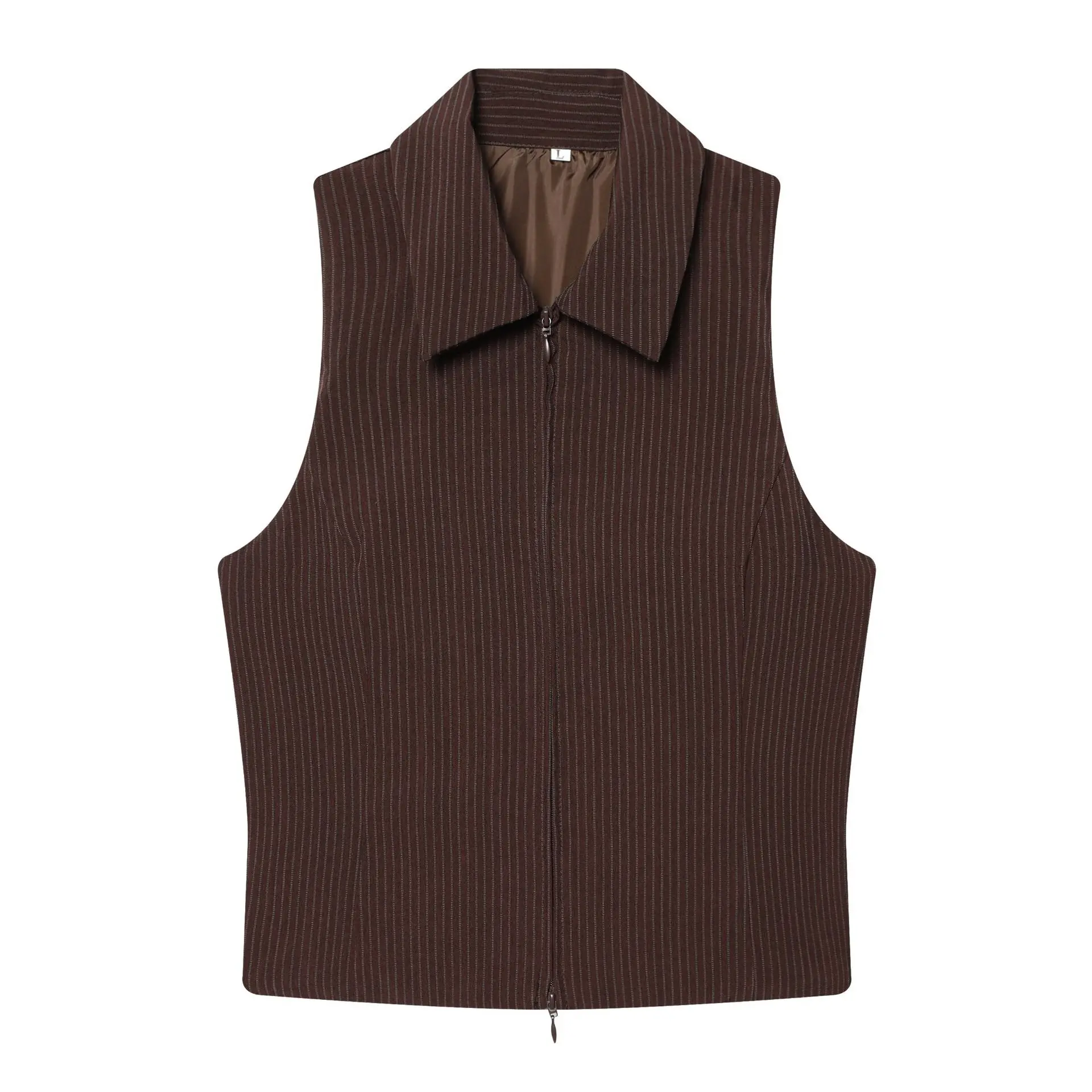 

Women's Collar Sleeveless Striped Zipper Vest Waist Brown Sleeveless Vest Pants For Women Zipper Front Collared Waistcoat 9AJU