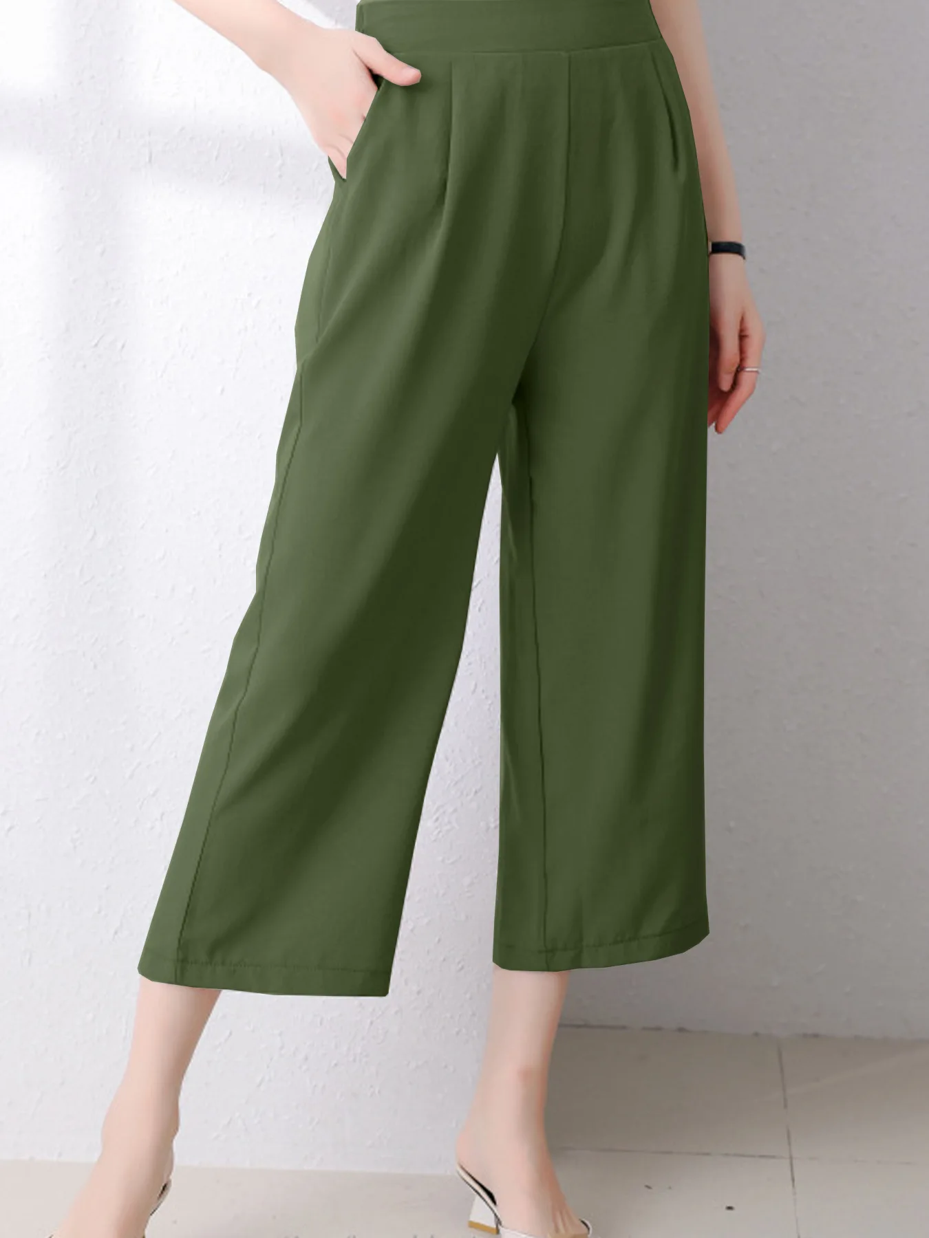 Summer Solid High Waist Cropped Culottes Women Front Pleat Pocket Loose Wide Leg Casual Office Work Capri Pants