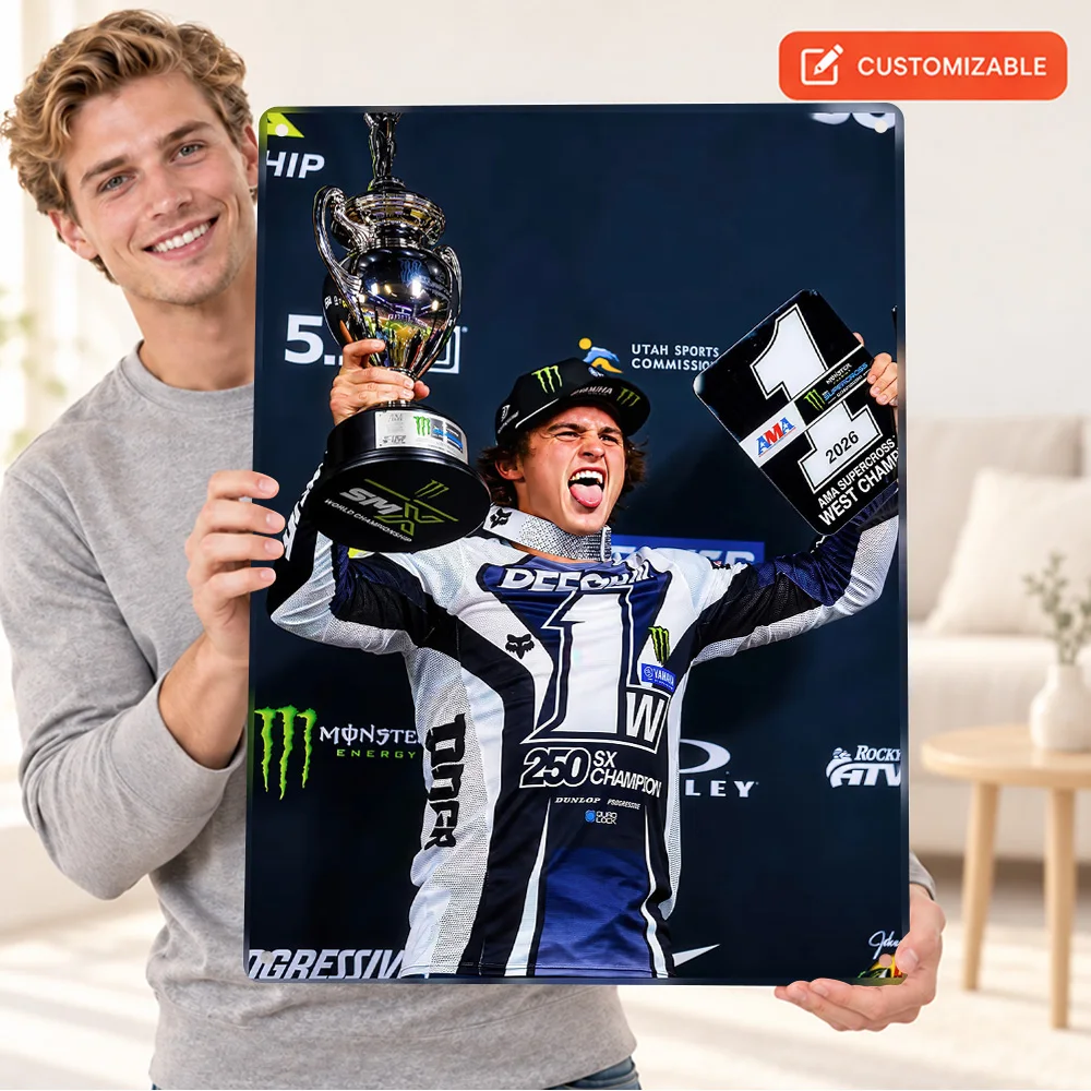Supercross Champion Celebration Motocross Printed Poster Customized Aluminum Sign Color Photo Wall Art For Man Cave Rider Gift