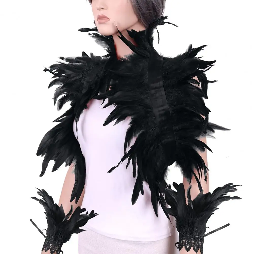 1 Set Fake Collar With Wrist Ring Gothic Style Feather Shawl Imitation Feather Unisex Model Halloween Cosplay Shoulder Scarf