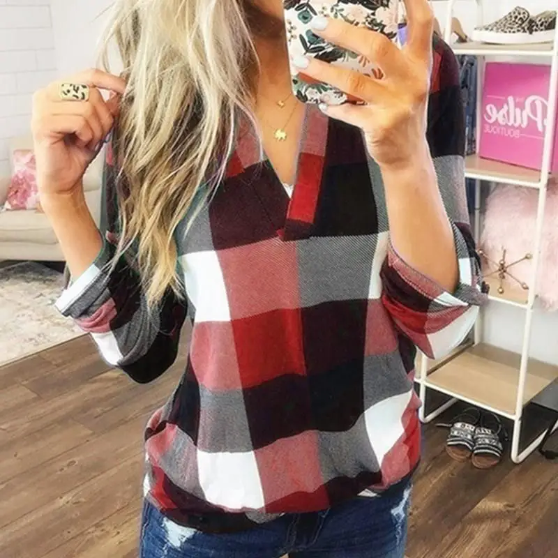 

Women's Plaid Print irt Long Sve Cotton Top Briti Sle Faion Spring Season Regular Fit Long Sved Collar
