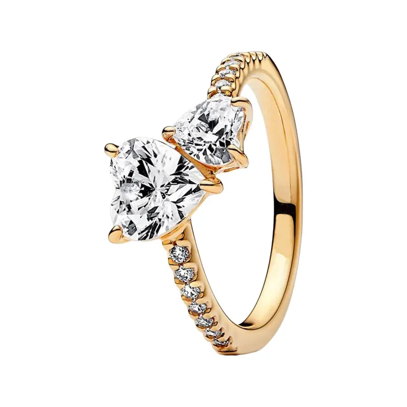 

Shine Gold Signature Double Hearts Stack Finger Rings For Women Wedding Bands Jewelry Clear Cubic Zircon Stone Mother's Day Gift